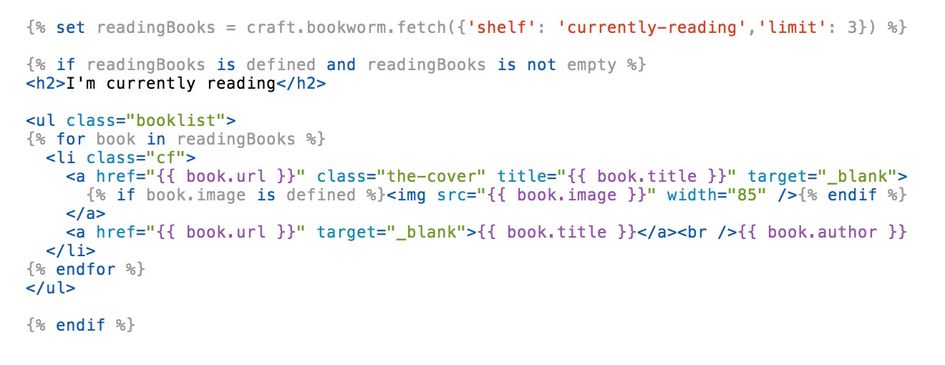 Example code showing how to use the Bookworm plugin in a Craft CMS template.